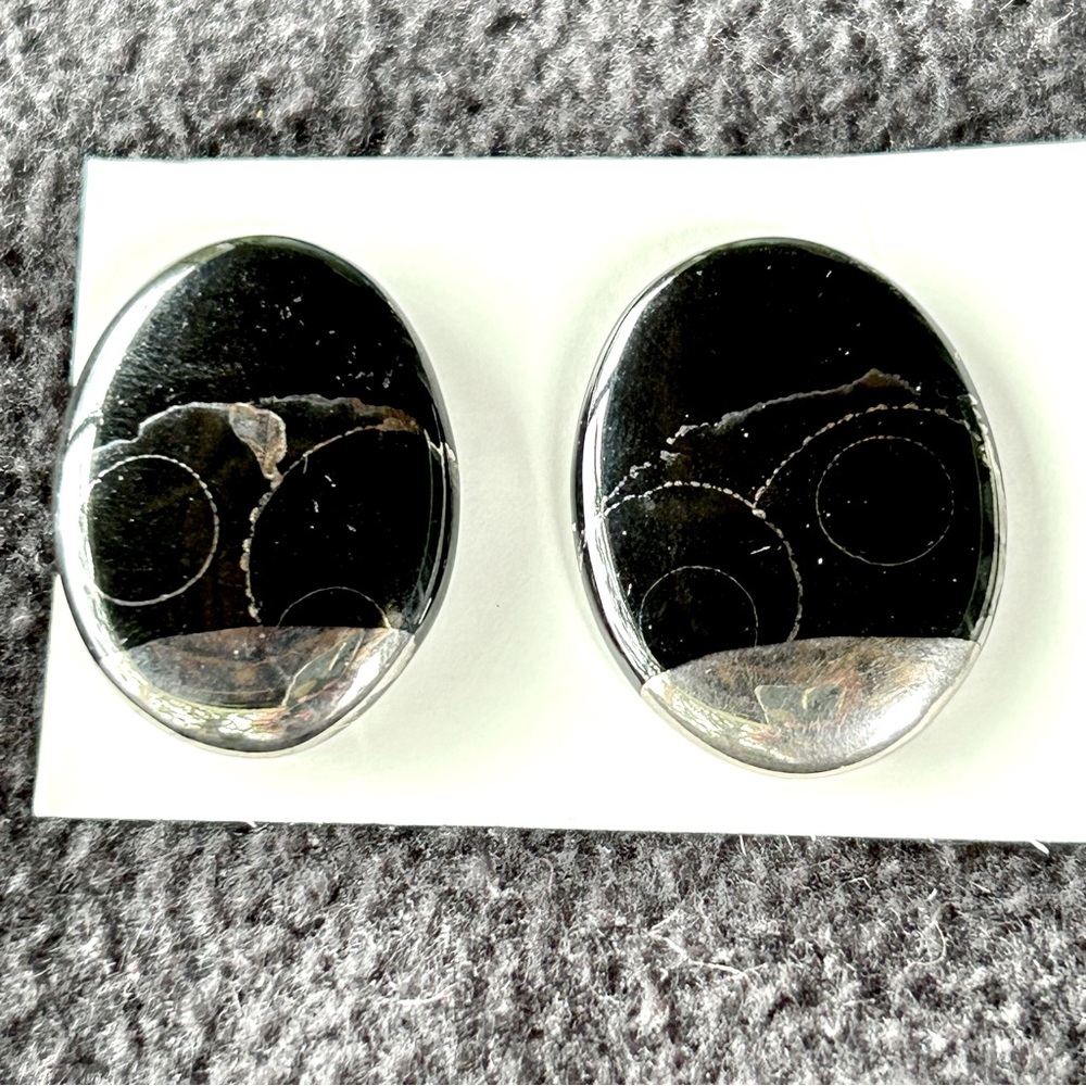 Abstract Oval Pierced Earrings with Silver Inlay Circles